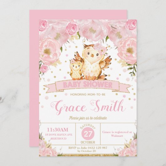 フクロウフローラベビーシャワー招待状ガール 招待状 (正面/裏面)