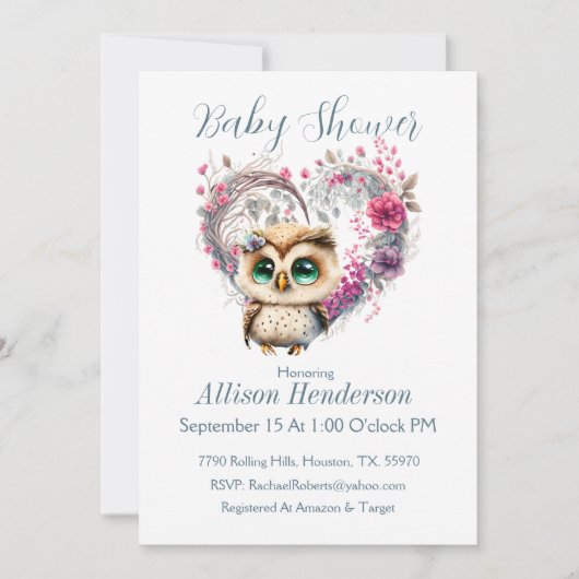 フクロウフローラリースベビーシャワー招待状 招待状 (正面)