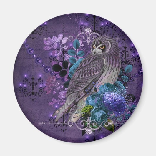 フクロウフローラヴィンテージシャンデリア宝石パープルグレー マグネット (正面)