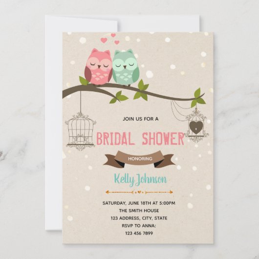 フクロウブライダルシャワーパーティの招待状 招待状 (正面)