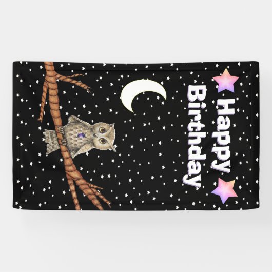 フクロウブランクパープルクリスタルムーンスターズ誕生日 横断幕 (横)
