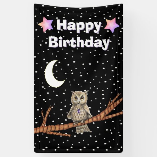 フクロウブランクパープルクリスタルムーンスターズ誕生日 横断幕 (縦)