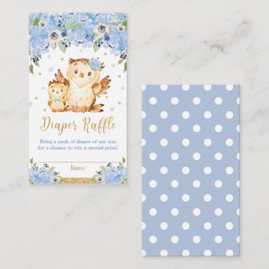 フクロウブルーフローラベビーシャワーオムツラッフル エンクロージャーカード (正面/裏面)