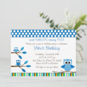 フクロウブルーブラウン子供の誕生日パーティの招待状 招待状 (スタンド正面)