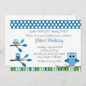 フクロウブルーブラウン子供の誕生日パーティの招待状 招待状 (正面/裏面)