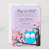 フクロウブロッサムパープルグリッターストライプベビーシャワー 招待状 (正面)