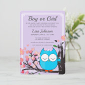 フクロウブロッサムパープルグリッターストライプベビーシャワー 招待状 (スタンド正面)