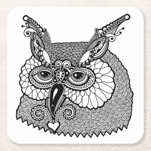 フクロウヘッドZendoodle スクエアペーパーコースター (正面)