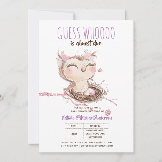 フクロウベビーありがとうギフトラベルは男の子を好む 招待状 (正面)