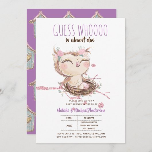 フクロウベビーありがとうギフトラベルは男の子を好む 招待状 (正面/裏面)