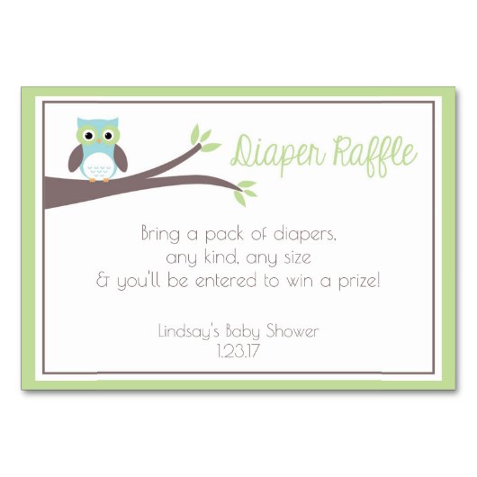 フクロウベビーシャワーおむつラッフルカード テーブルナンバー (正面)