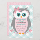 フクロウベビーシャワーの誘い女の子ピンクグレーミント 招待状 (正面/裏面)
