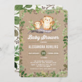 フクロウベビーシャワーウッドラ素朴ンド緑の招待状 招待状 (正面/裏面)