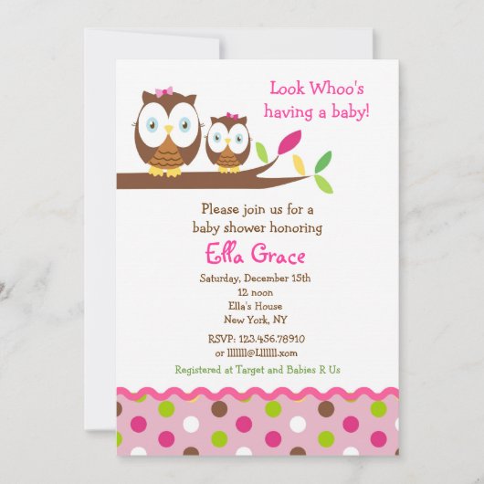 フクロウベビーシャワー招待状女 招待状 (正面)