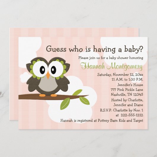 フクロウベビーシャワー招待状招待状ピンク 招待状 (正面/裏面)