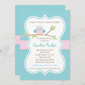 フクロウベビーシャワー招待状-ベビーガールピンク&アクア 招待状 (正面/裏面)