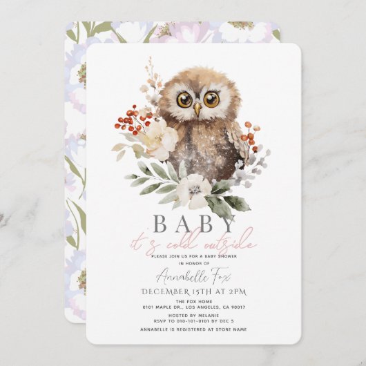 フクロウベビーベビーシャワー外は寒い 招待状 (正面/裏面)