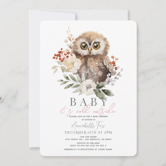 フクロウベビーベビーシャワー外は寒い 招待状 (正面)