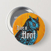 フクロウボタンブルーオレンジ 缶バッジ (正面&裏面)