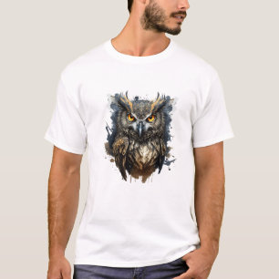 フクロウポートレート絵画動物野生動物アウトドアアート Tシャツ