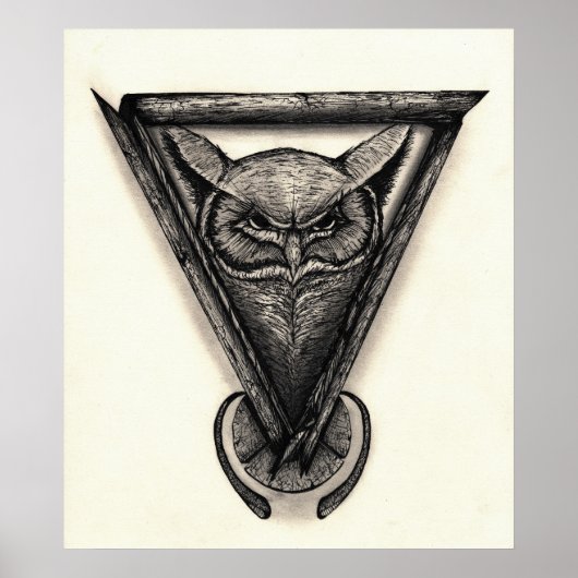 フクロウポートレート、インク及び鉛筆イラストレーション ポスター (正面)