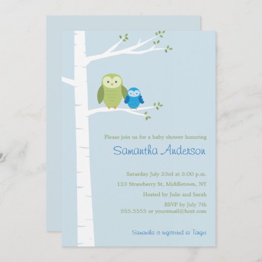フクロウモダン樺の木ベビーシャワー招待状-ボーイ 招待状 (正面/裏面)