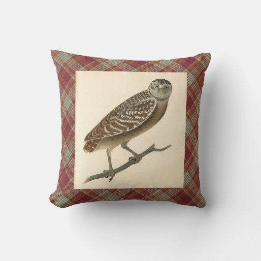 フクロウレッドオレンジプレイド装飾用クッション クッション (正面)