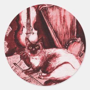 フクロウ付きミュージカルネコ,赤,白 ラウンドシール