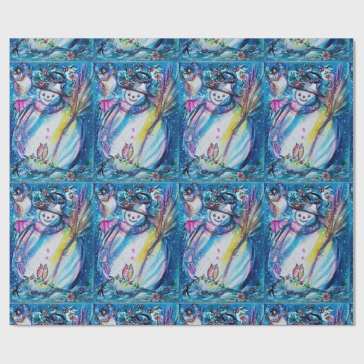 フクロウ冬の休日の挨拶を持つ雪だるま ラッピングペーパー (フラット)