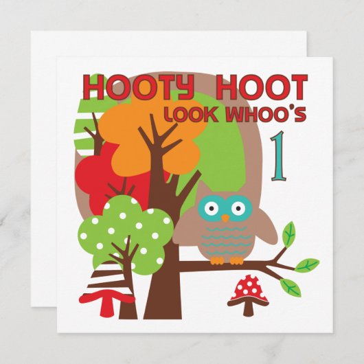 フクロウ初誕生日Tシャツとギフト 招待状 (正面/裏面)