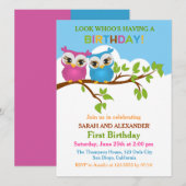 フクロウ双子のお誕生日パーティーへようこそ 招待状 (正面/裏面)