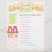 フクロウ双子ガールズ「ベビーシャワーゲーム」アクティビティシート (正面)