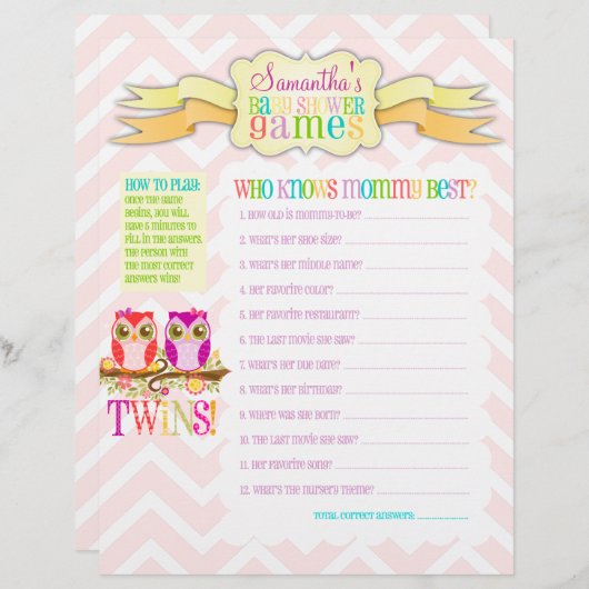 フクロウ双子ガールズ「ベビーシャワーゲーム」アクティビティシート (正面/裏面)