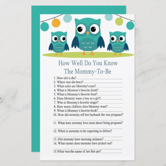 フクロウ君は赤ちゃんシャワーゲームをどれだけ知っているか (正面/裏面)