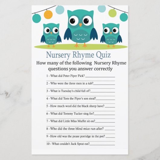 フクロウ子供部屋韻クイズベビーシャワーゲーム (正面)