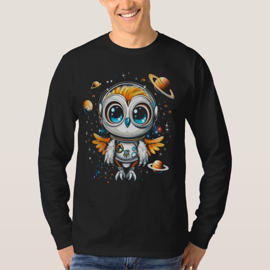 フクロウ宇宙飛行士銀河系宇宙探査機惑星アウター Tシャツ (正面)