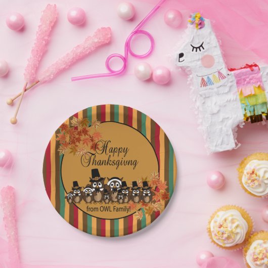 フクロウ家族感謝祭ターキーディナー ペーパープレート (パーティー)