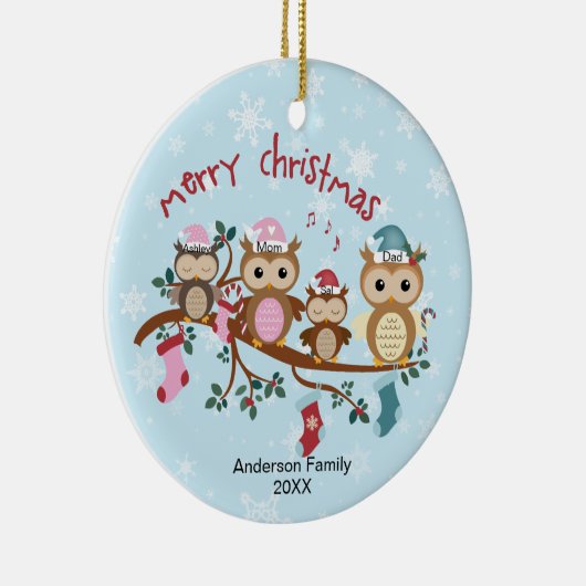 フクロウ家族4人のクリスマス セラミックオーナメント (右)