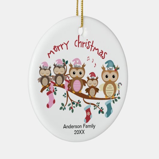 フクロウ家族5人の家族クリスマス セラミックオーナメント (右)
