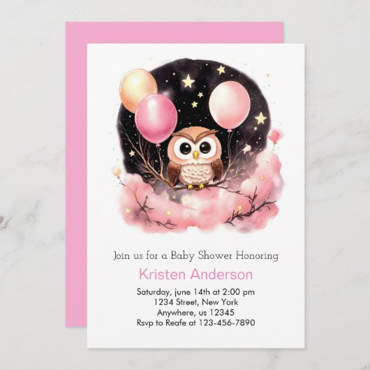 フクロウ山花樹林夢想少女ベイビーシャワー 招待状 (正面/裏面)