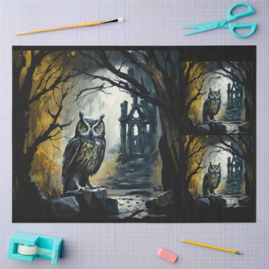 フクロウ幽霊のよく出るォレストウォーターカラー20x30デコページ 薄葉紙 (クラフト)