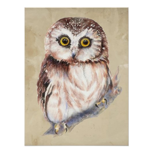 フクロウ愛好家のためのミニマリスト水彩画アート ポスター (正面)