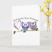 フクロウ愛永久に、かわいいフクロウおよびハートは設計します カード (黄色い花)
