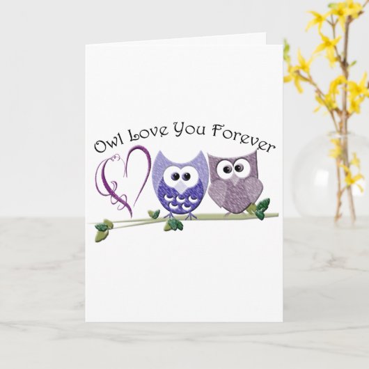 フクロウ愛永久に、かわいいフクロウおよびハートは設計します カード (黄色い花)