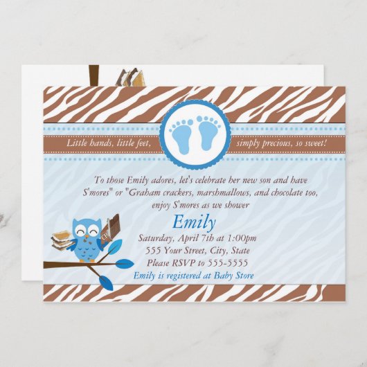 フクロウ招待状男の赤ちゃんシャワー青褐色ゼブラ 招待状 (正面/裏面)