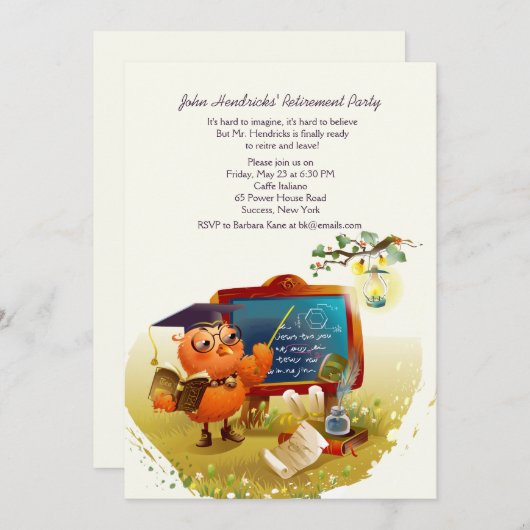 フクロウ教授の退職パーティの招待状 招待状 (正面/裏面)