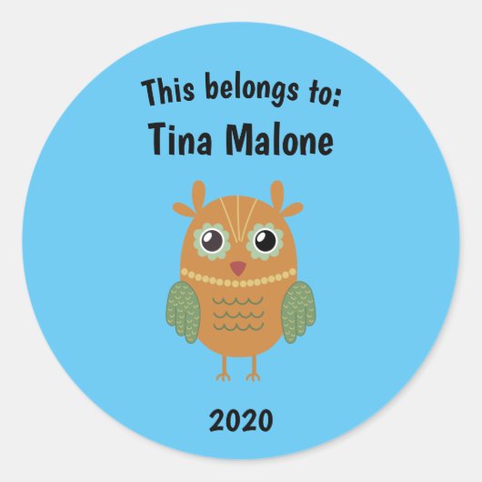 フクロウ新学期ブルー ラウンドシール (正面)