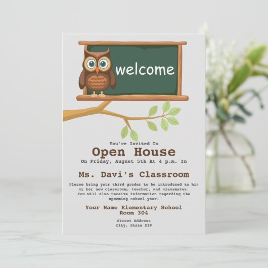 フクロウ新学期教室オープンハウス招待状 招待状 (スタンド正面)