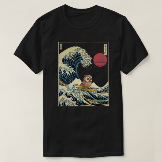 フクロウ日本の神奈川ウェーブサおもしろいーフ動物 Tシャツ (デザイン正面)
