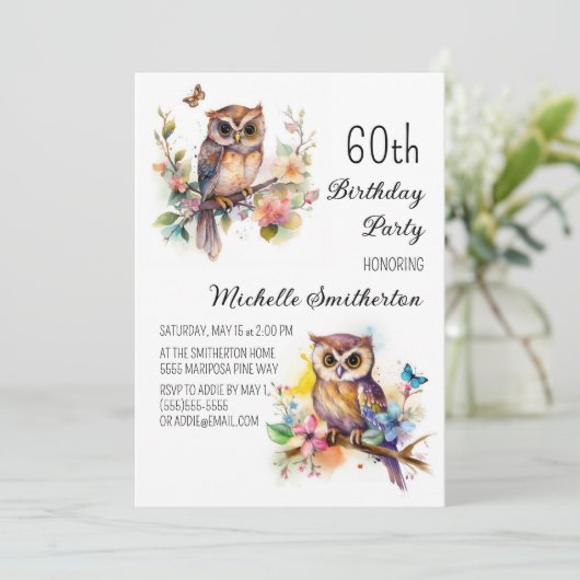 フクロウ春の花蝶60誕生日 招待状 (スタンド正面)